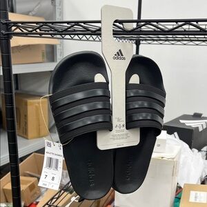 Adidas Black Slide Sandals with Stripes